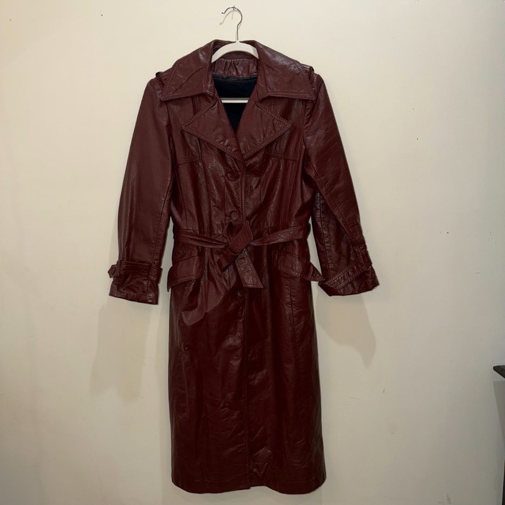 Vintage Genuine Leather Trench Coat | Burgundy Red | Removable Lining | Warm